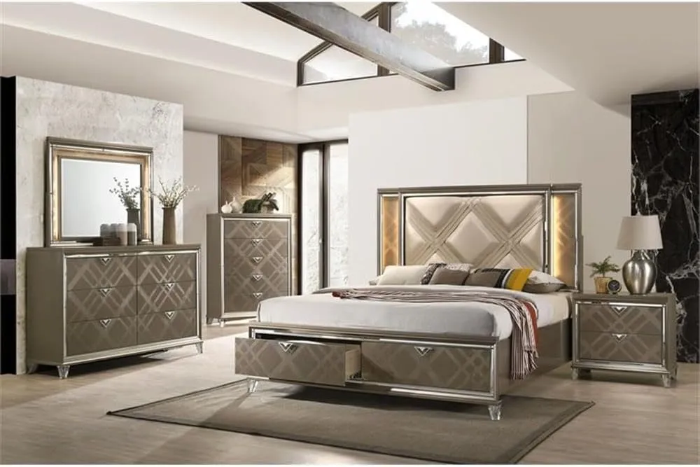 Acme Skylar Queen Bed with Storage in LED in PU and Dark Champagne
