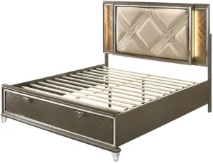 Acme Skylar Queen Bed with Storage in LED in PU and Dark Champagne