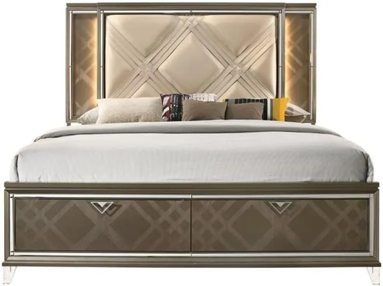Acme Skylar Queen Bed with Storage in LED in PU and Dark Champagne