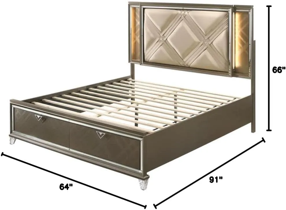 Acme Skylar Queen Bed with Storage in LED in PU and Dark Champagne