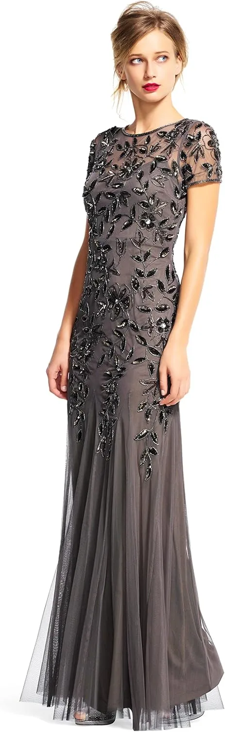 Adrianna Papell Women's Floral Beaded Godet Gown