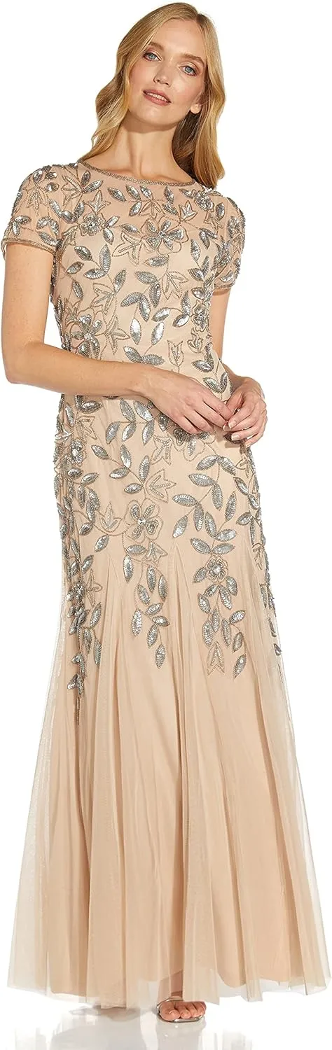 Adrianna Papell Women's Floral Beaded Godet Gown