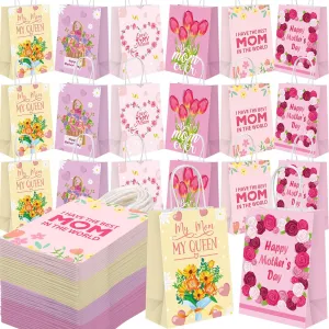 Affrolling 100 Pcs Mother's Day Paper Bags Carnation Pink Mother's Day Mom Theme Party Paper Gift Bags with Handle for Party Favor Treat