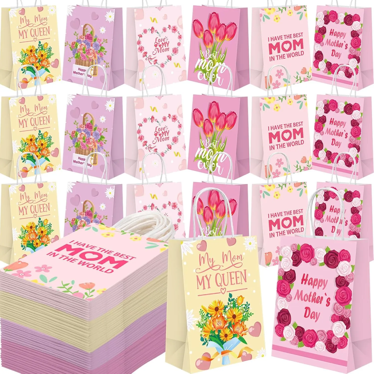 Affrolling 100 Pcs Mother's Day Paper Bags Carnation Pink Mother's Day Mom Theme Party Paper Gift Bags with Handle for Party Favor Treat