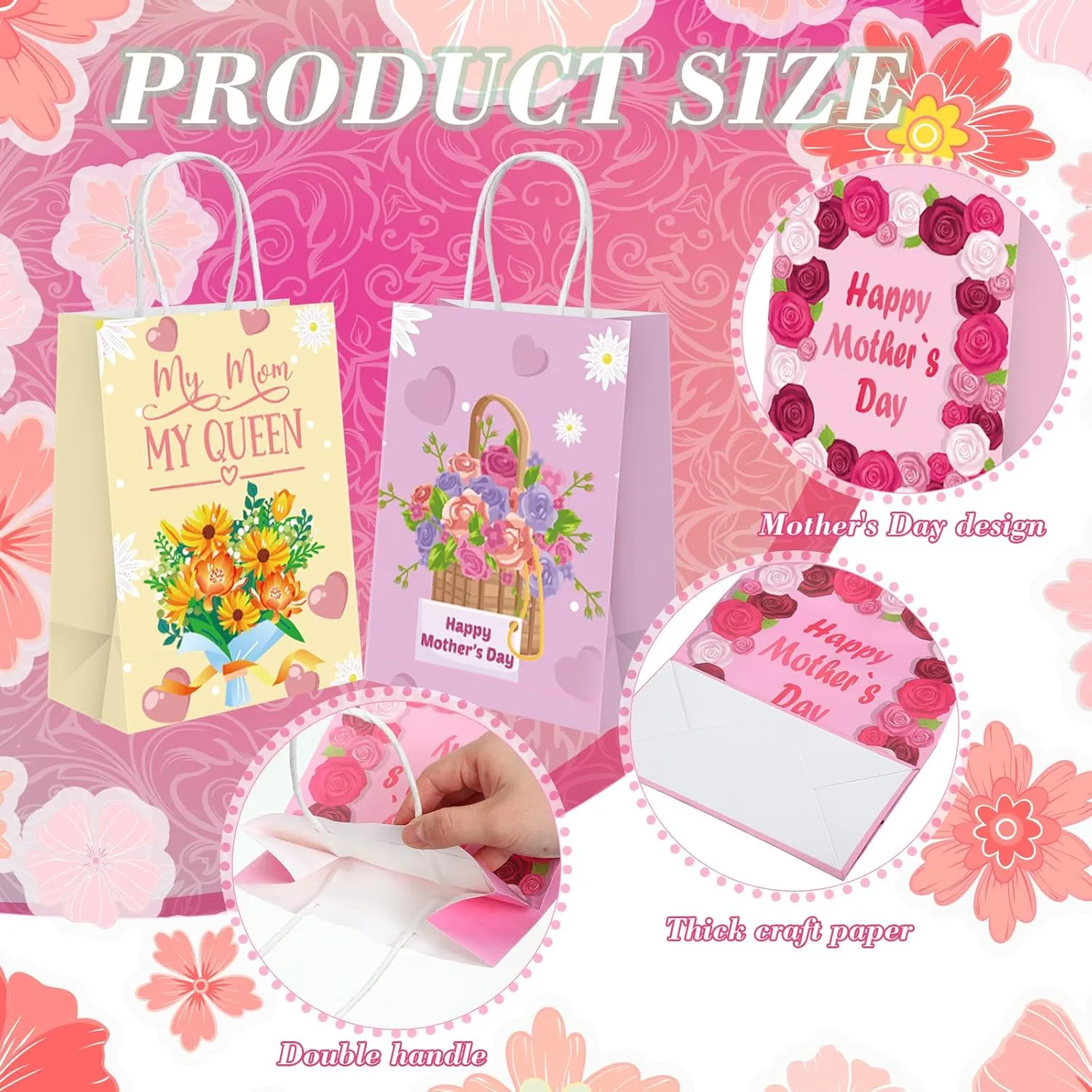 Affrolling 100 Pcs Mother's Day Paper Bags Carnation Pink Mother's Day Mom Theme Party Paper Gift Bags with Handle for Party Favor Treat