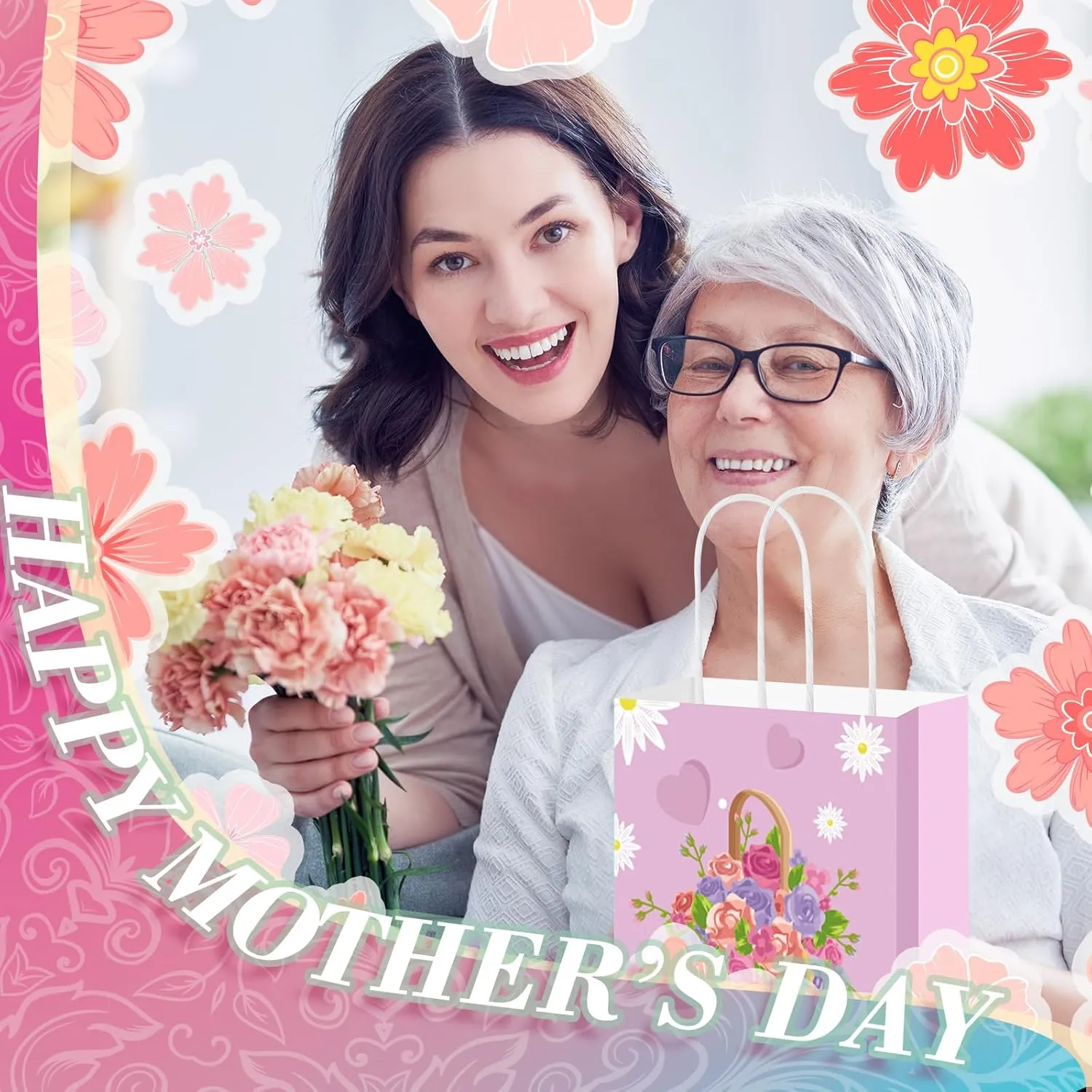 Affrolling 100 Pcs Mother's Day Paper Bags Carnation Pink Mother's Day Mom Theme Party Paper Gift Bags with Handle for Party Favor Treat