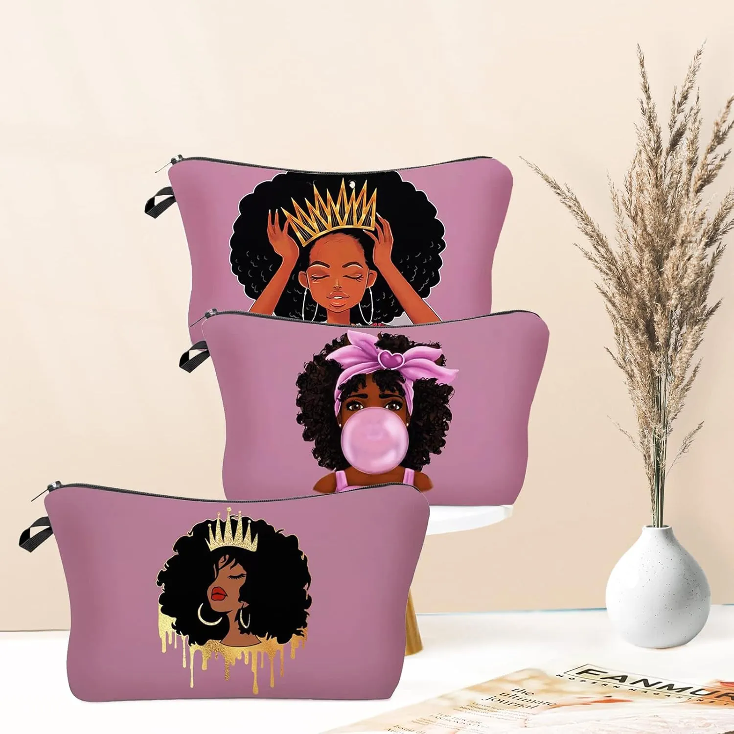 African American Makeup Bag for Purse 3 Pack Afro Black Cosmetic Bags for Women Inspirational Gift Small Funny Cosmetics Pouch Travel Bag Cases for Toiletries Accessories Organizer Bulk
