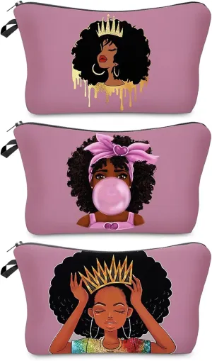 African American Makeup Bag for Purse 3 Pack Afro Black Cosmetic Bags for Women Inspirational Gift Small Funny Cosmetics Pouch Travel Bag Cases for Toiletries Accessories Organizer Bulk