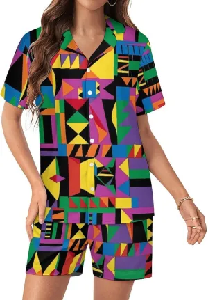 African Geometric Women's Satin Pajama Set Short Sleeve Button Down Sleepwear Loungewear Pj Set