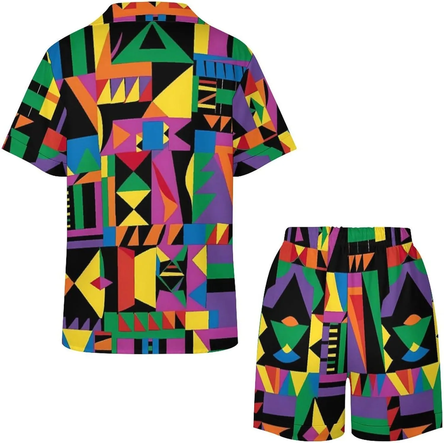 African Geometric Women's Satin Pajama Set Short Sleeve Button Down Sleepwear Loungewear Pj Set