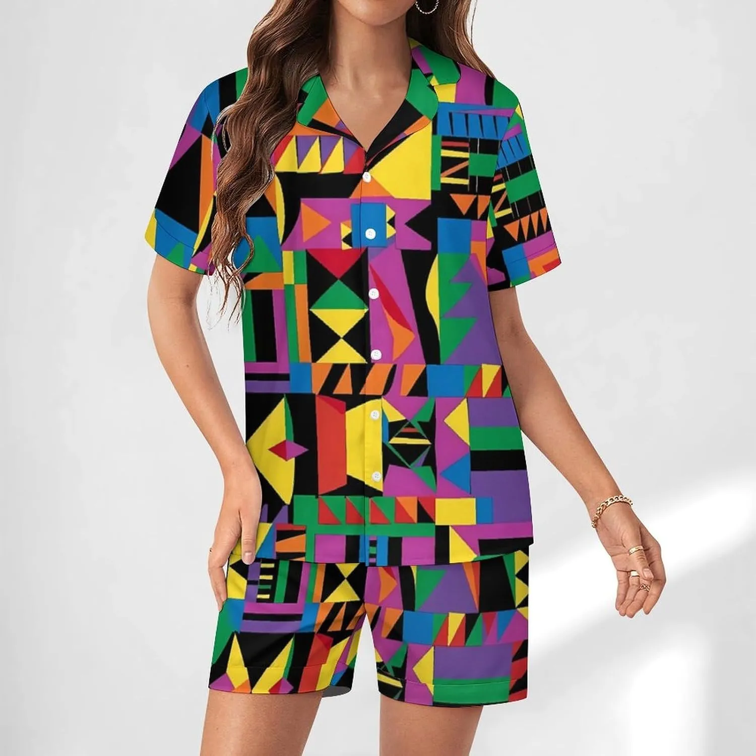 African Geometric Women's Satin Pajama Set Short Sleeve Button Down Sleepwear Loungewear Pj Set