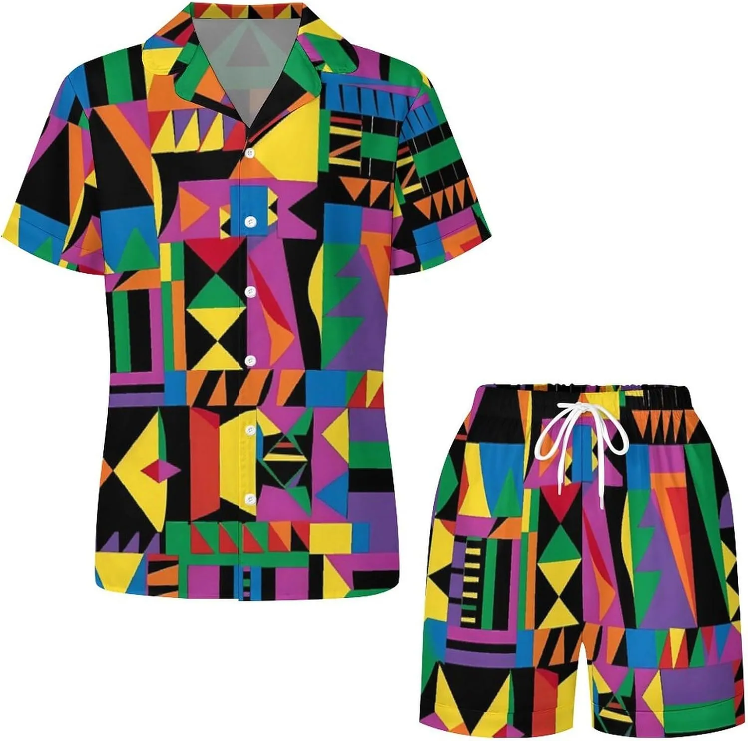 African Geometric Women's Satin Pajama Set Short Sleeve Button Down Sleepwear Loungewear Pj Set