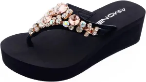 AIMONE_Aurelie Flip Flops for Women Black Platform Wedge Peach Bling Rhinestone Sandals