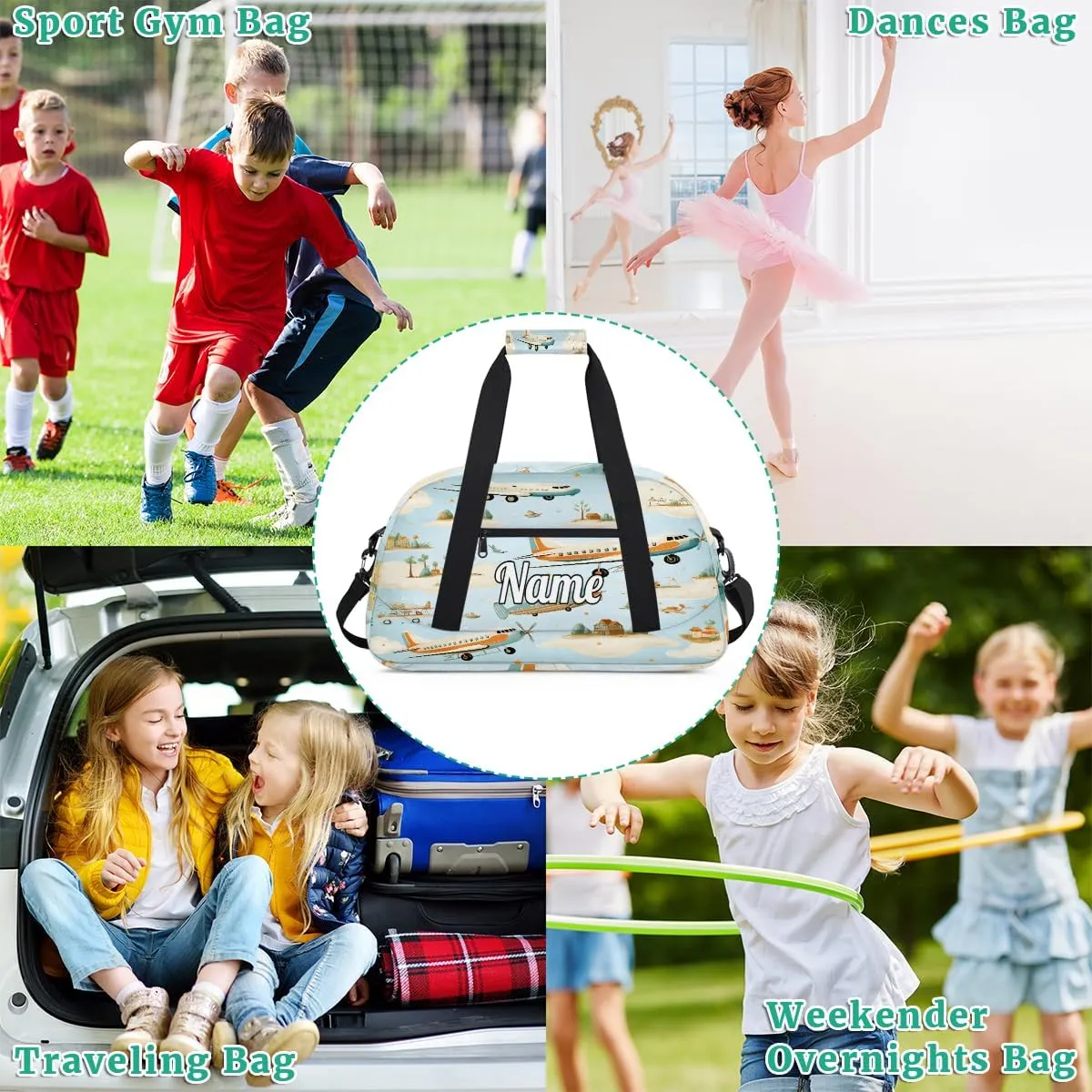 Airplane Pattern Personalized Dance Bag for Girls Boys Sport Duffel Bag with Your Name Kids Gymnastics Travel Bags
