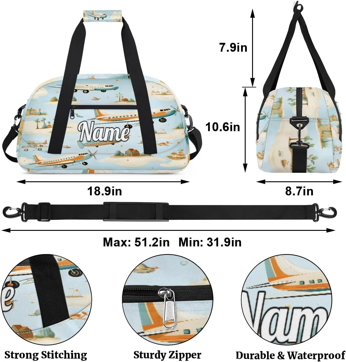 Airplane Pattern Personalized Dance Bag for Girls Boys Sport Duffel Bag with Your Name Kids Gymnastics Travel Bags