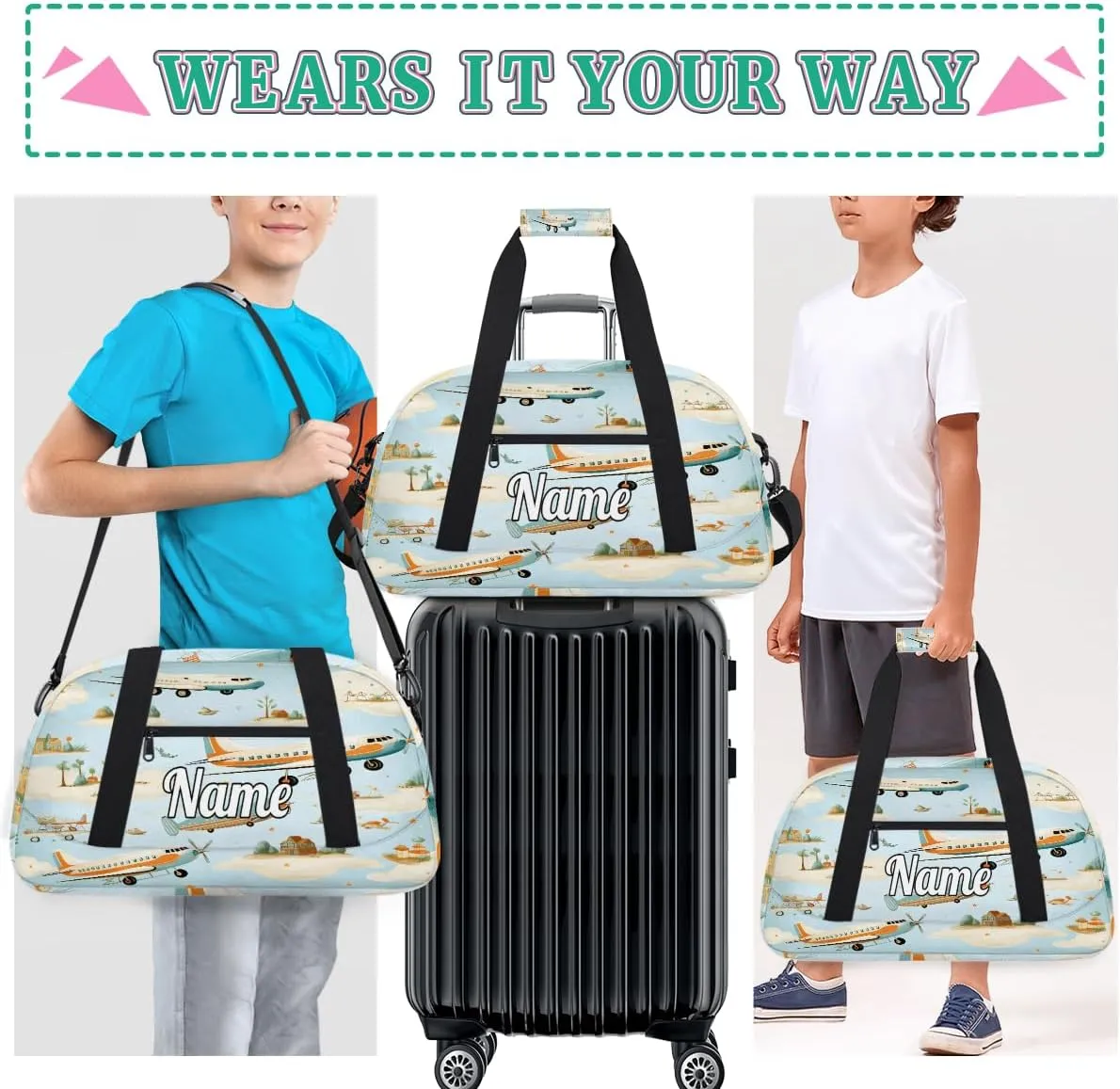 Airplane Pattern Personalized Dance Bag for Girls Boys Sport Duffel Bag with Your Name Kids Gymnastics Travel Bags