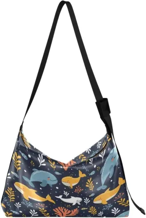 ALAZA Cartoon Whale Dolphin Coral Reef Navy Blue Butterfly Women's Leather Hobo Handbag Shoulder Bag Crossbody Casual Large Tote Bag Purse