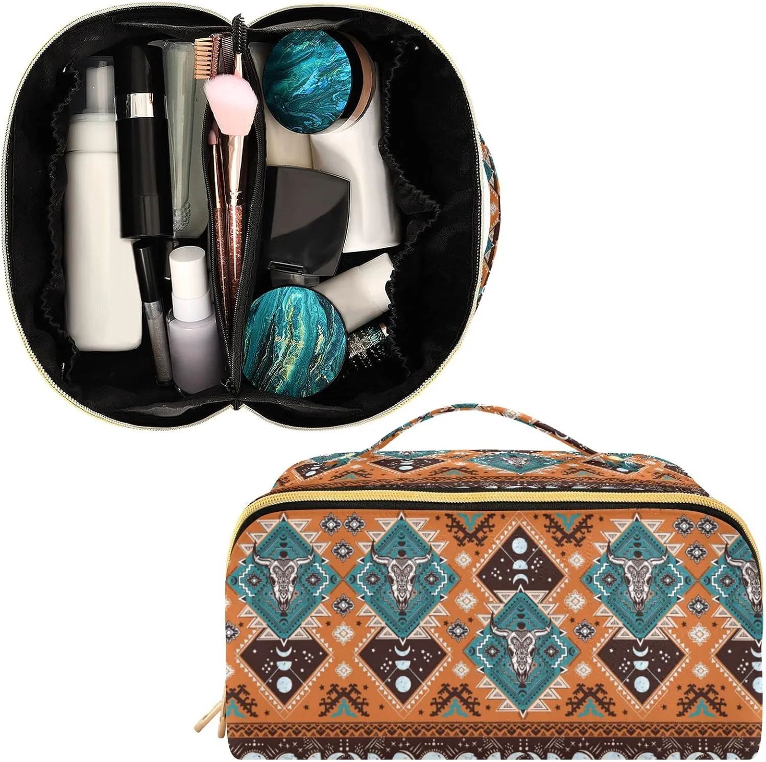 ALAZA Indian Tribal Aztec Geometric Skulls Makeup Bag Travel Cosmetic Bag Portable Zipper Cosmetic Pouch with Handle and Divider for Women Collage Dorm Business Trip