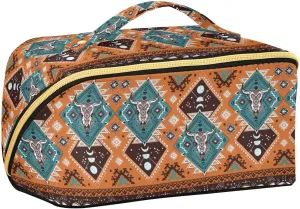 ALAZA Indian Tribal Aztec Geometric Skulls Makeup Bag Travel Cosmetic Bag Portable Zipper Cosmetic Pouch with Handle and Divider for Women Collage Dorm Business Trip