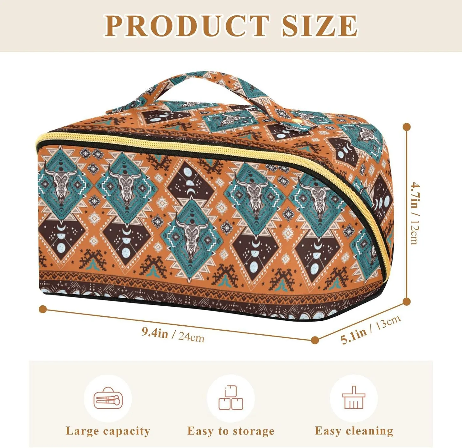 ALAZA Indian Tribal Aztec Geometric Skulls Makeup Bag Travel Cosmetic Bag Portable Zipper Cosmetic Pouch with Handle and Divider for Women Collage Dorm Business Trip