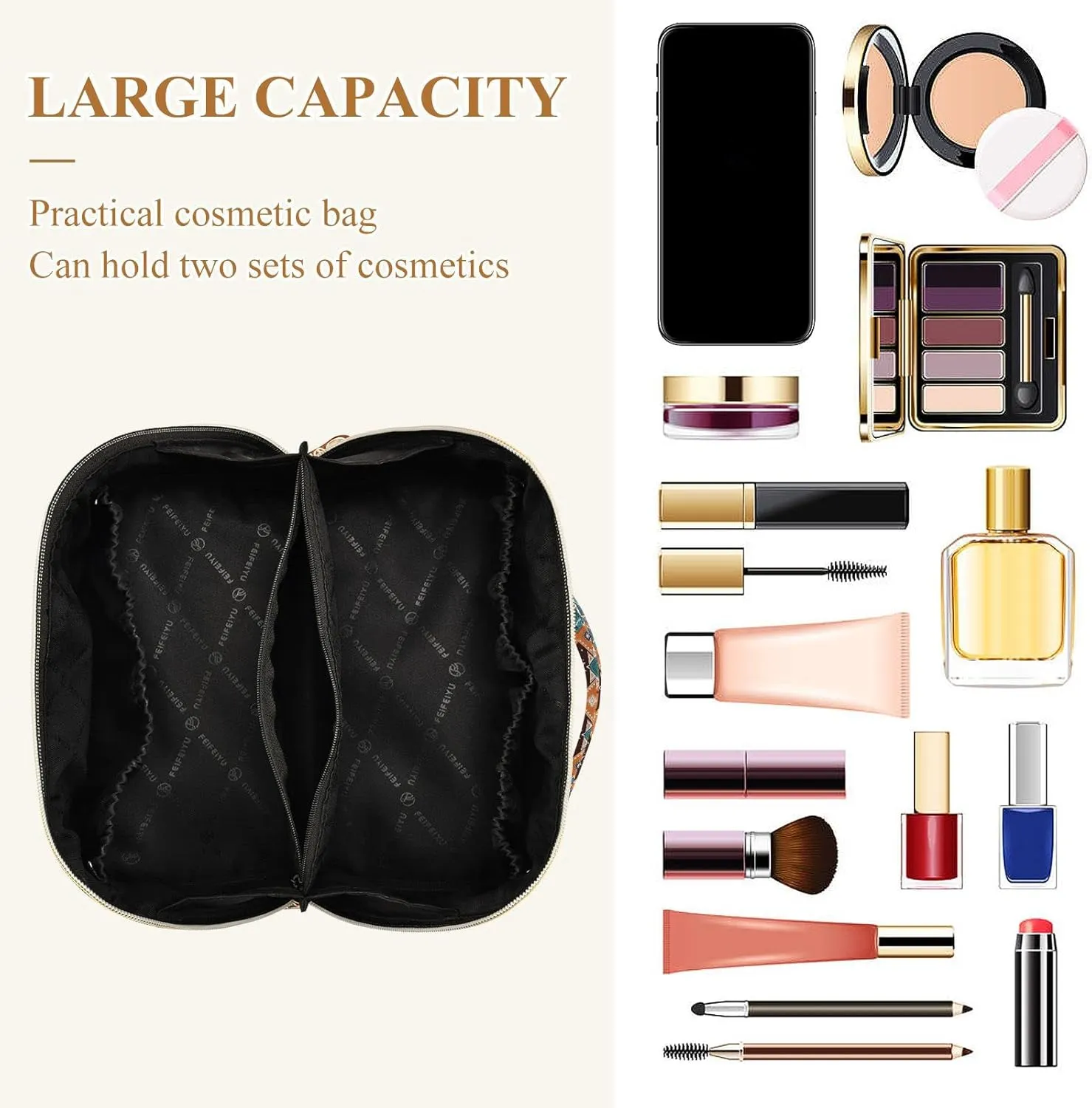 ALAZA Indian Tribal Aztec Geometric Skulls Makeup Bag Travel Cosmetic Bag Portable Zipper Cosmetic Pouch with Handle and Divider for Women Collage Dorm Business Trip