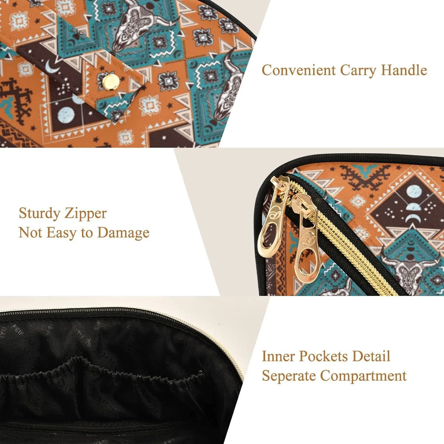 ALAZA Indian Tribal Aztec Geometric Skulls Makeup Bag Travel Cosmetic Bag Portable Zipper Cosmetic Pouch with Handle and Divider for Women Collage Dorm Business Trip