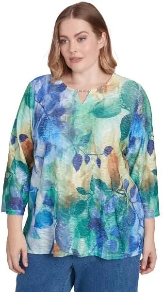 Alfred Dunner Classic Watercolor Leaves All Polyester Top