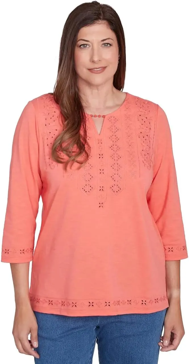 Alfred Dunner Women's Solid Cut Out Beaded Neck Top Coral