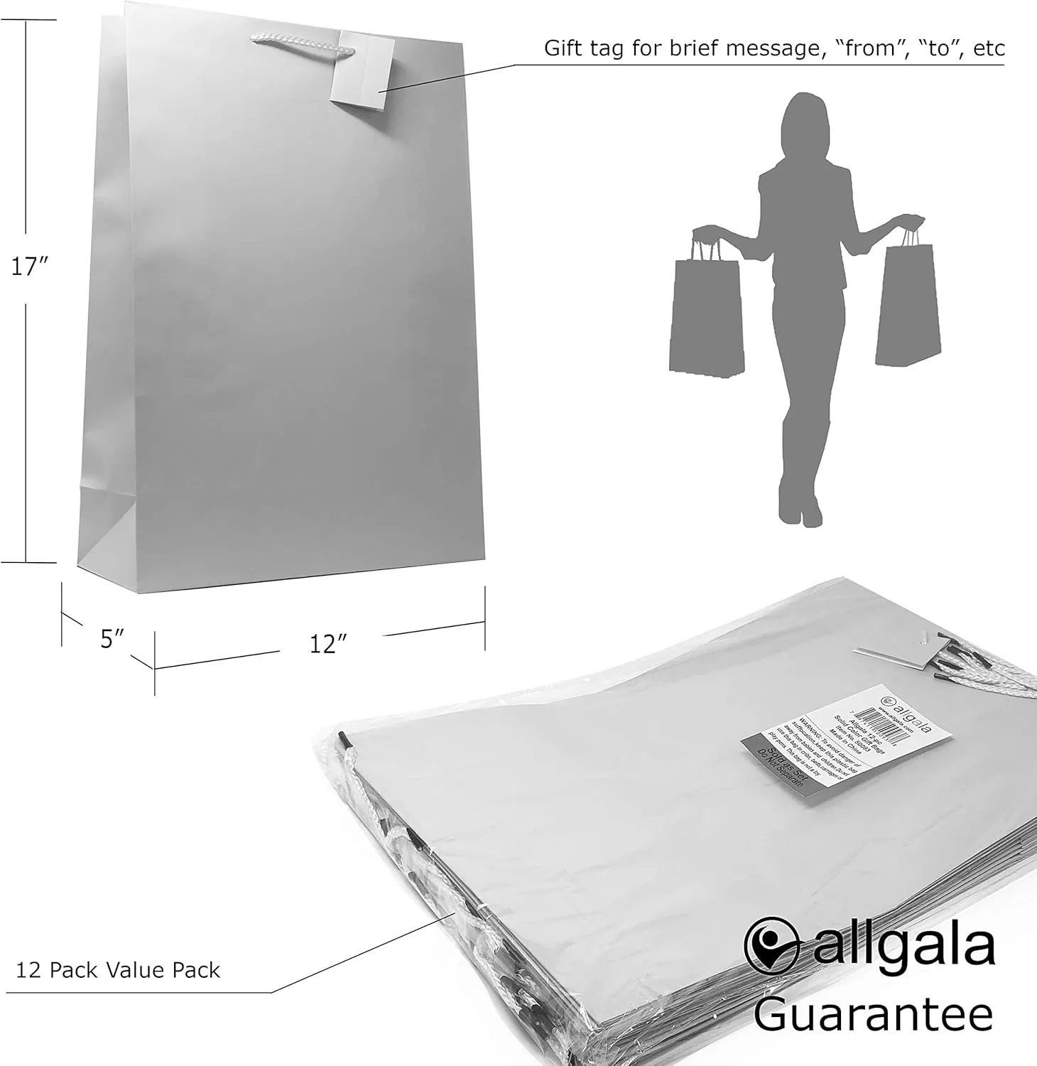 allgala Gift Bags, 12 Pack 17x12x4 Inch X-Large Fuchsia Color Gift Bags with Handles for Birthday, Wedding, Party Supplies, Baby Shower, Holidays, Chirstmas