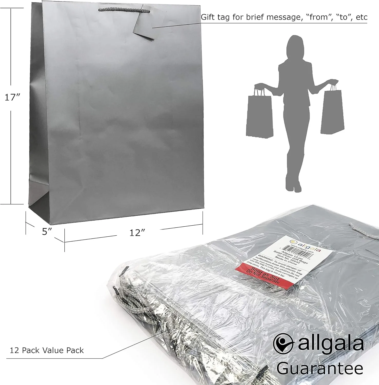 allgala Gift Bags, 12 Pack 17x12x4 Inch X-Large Silver Color Gift Bags with Handles for Birthday, Wedding, Party Supplies, Baby Shower, Holidays, Chirstmas