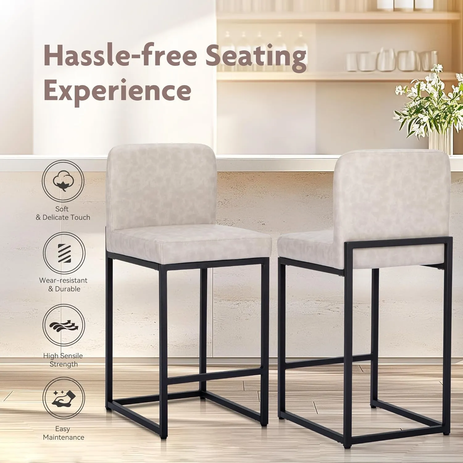 ALPHA HOME 24” Bar Stools Set of 1 Counter Height Bar Stool Pu Leather Kitchen Modern Bar Stools with Backrest Upholstered Footrest Sturdy Chromed Metal Steel Frame, Light Gray