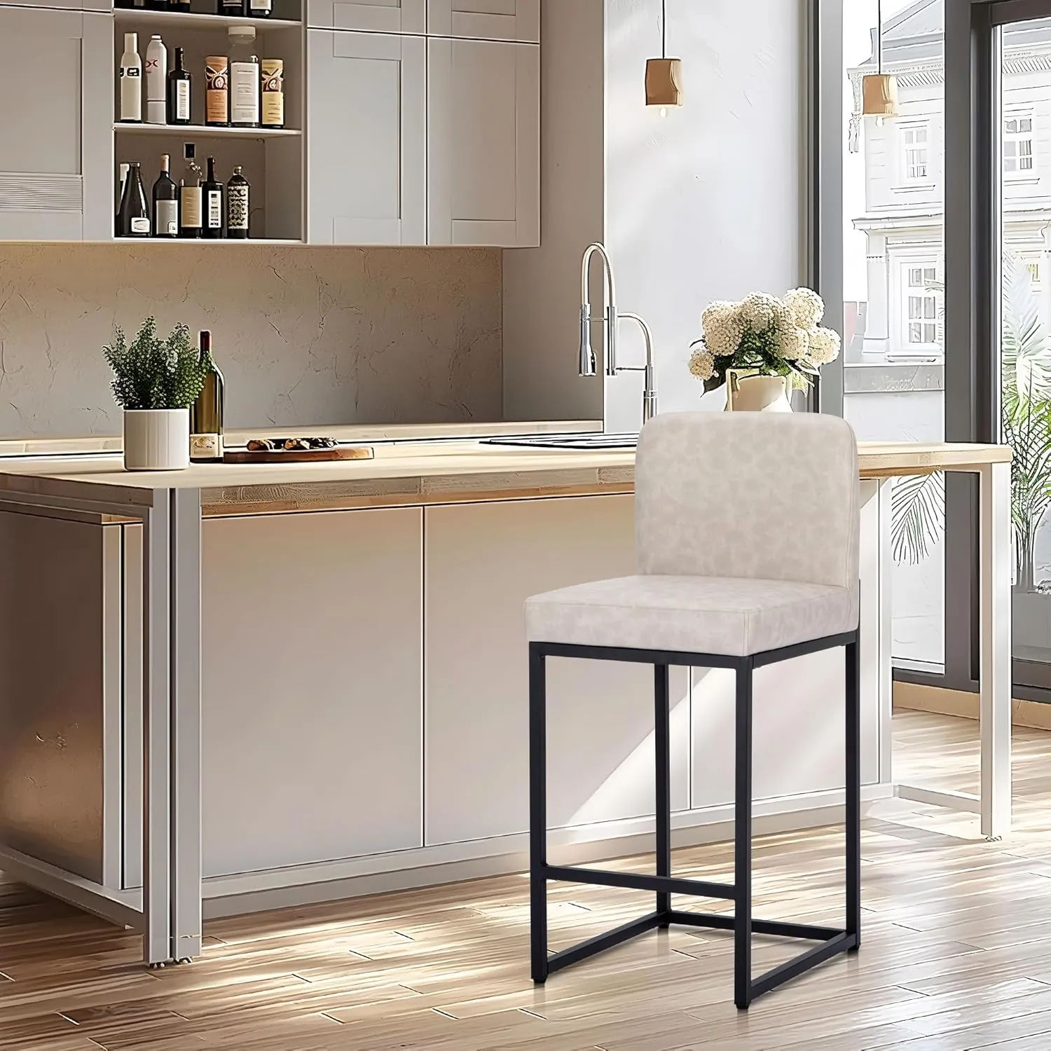 ALPHA HOME 24” Bar Stools Set of 1 Counter Height Bar Stool Pu Leather Kitchen Modern Bar Stools with Backrest Upholstered Footrest Sturdy Chromed Metal Steel Frame, Light Gray