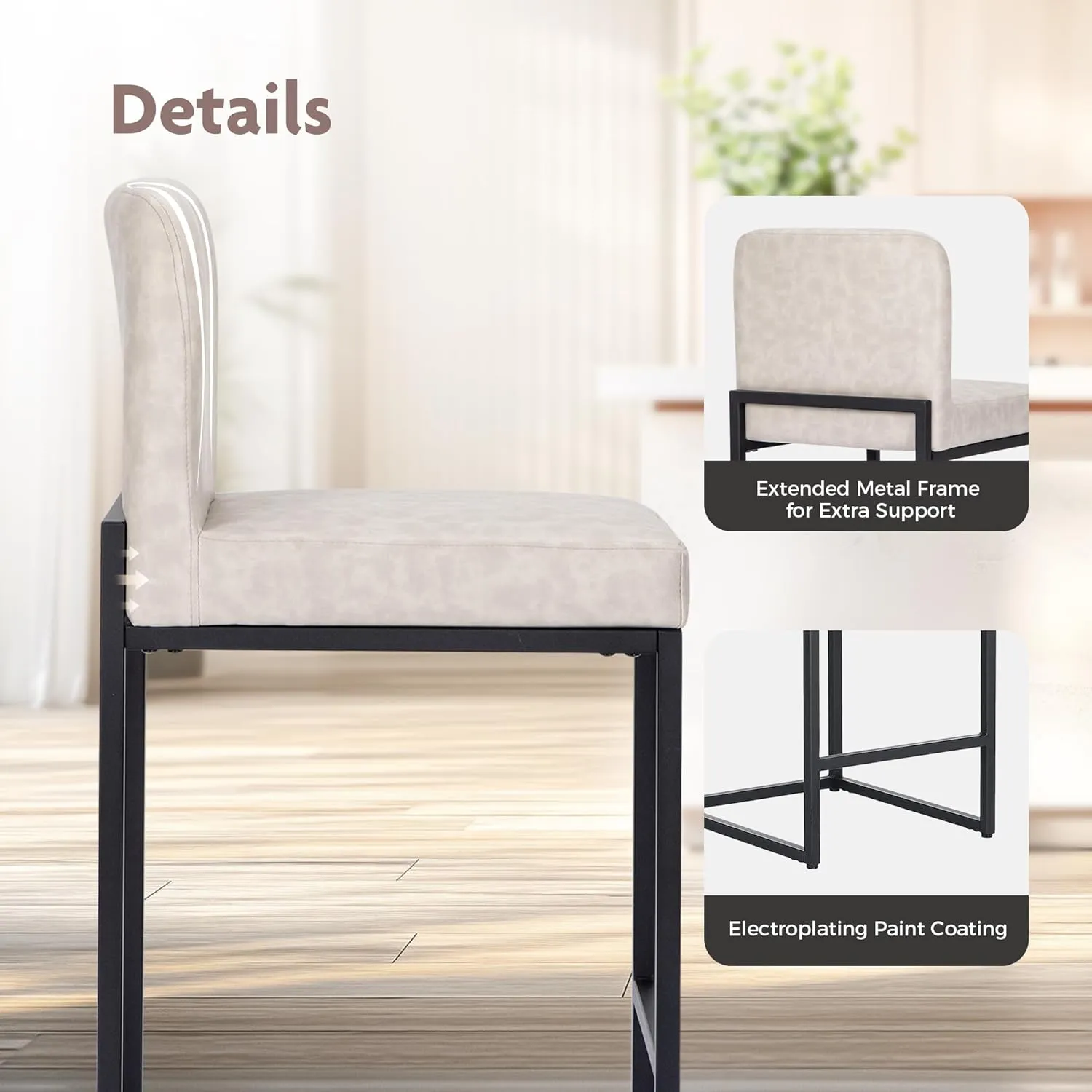 ALPHA HOME 24” Bar Stools Set of 1 Counter Height Bar Stool Pu Leather Kitchen Modern Bar Stools with Backrest Upholstered Footrest Sturdy Chromed Metal Steel Frame, Light Gray