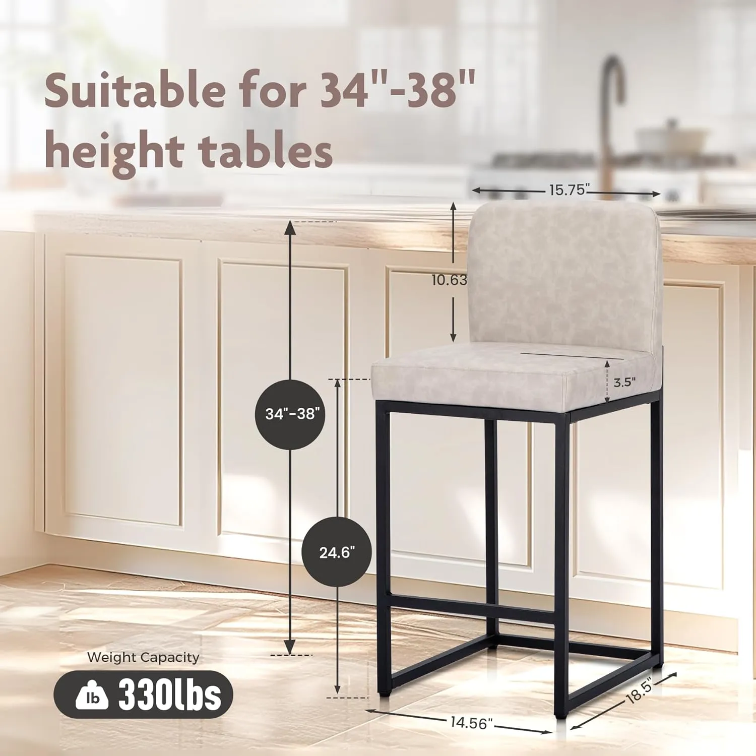 ALPHA HOME 24” Bar Stools Set of 1 Counter Height Bar Stool Pu Leather Kitchen Modern Bar Stools with Backrest Upholstered Footrest Sturdy Chromed Metal Steel Frame, Light Gray
