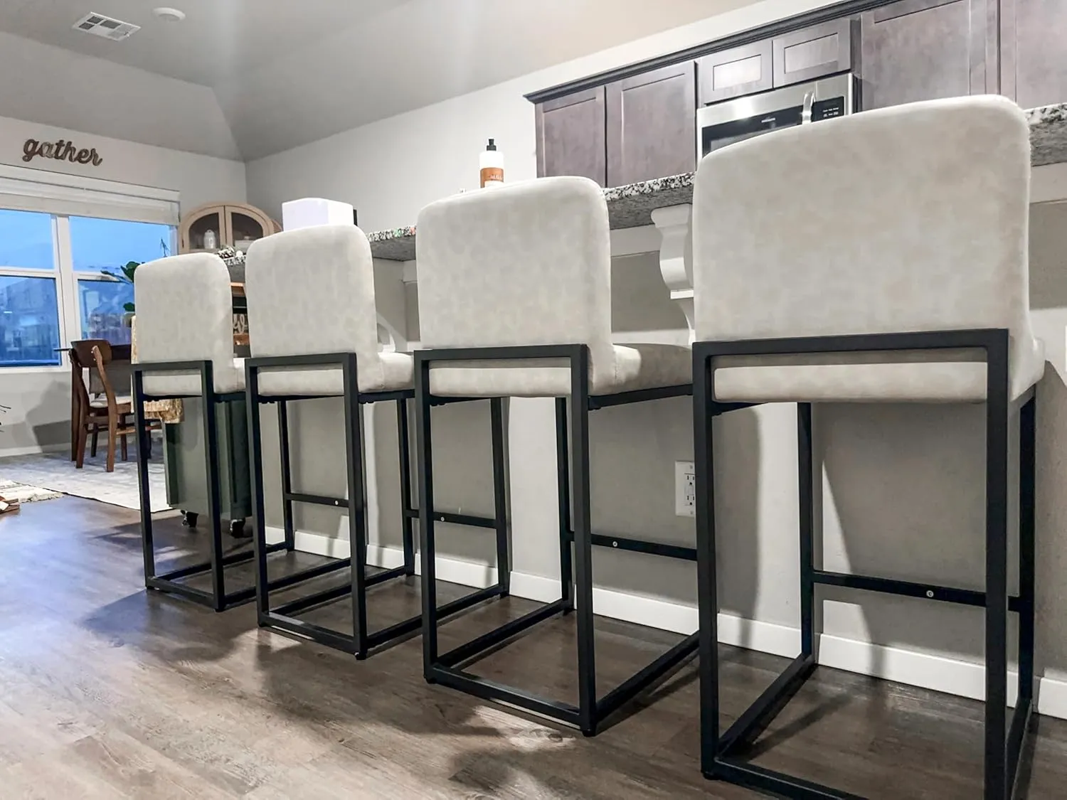 ALPHA HOME 24” Bar Stools Set of 1 Counter Height Bar Stool Pu Leather Kitchen Modern Bar Stools with Backrest Upholstered Footrest Sturdy Chromed Metal Steel Frame, Light Gray