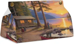 Alpine Lakeside Cabin Bonfire Tissue Box Cover, PU Leather Rectangular Tissue Box Case Organizer Holder Vanity Dresser Night Stand Table Countertop Home Office Car 7.7X4.7X4.3''