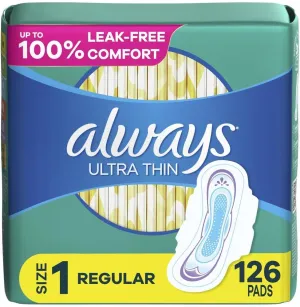 Always Ultra Thin Daytime Pads with Wings, Size 1, Regular, Unscented, 42 Counts x 3 Packs (126 Count Total)