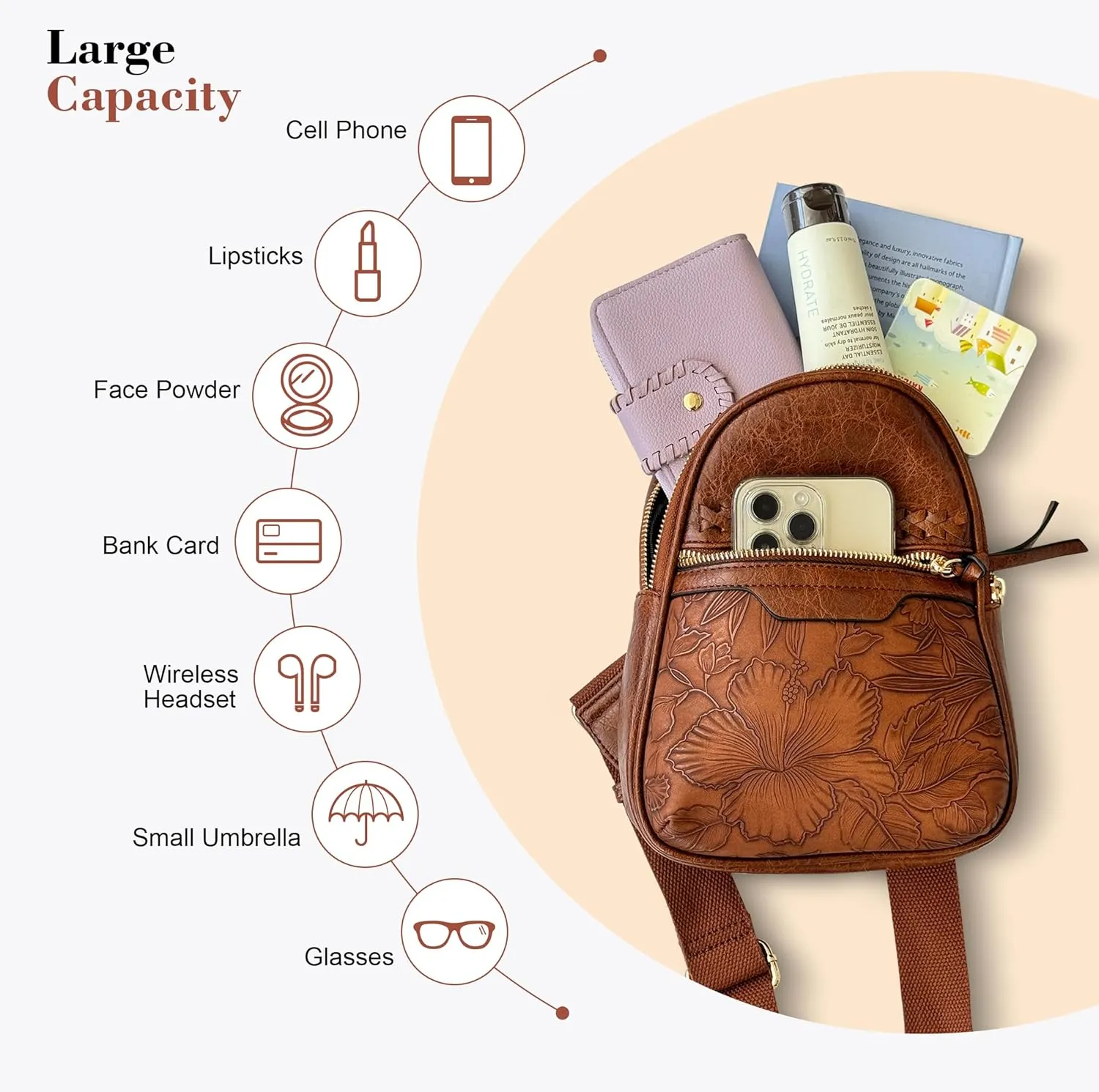 ALYSSA Large Sling Bag for Women Faux Leather Crossbody Fanny Pack Backpack Cross Body Purses 7L Crossbody Bags for Women