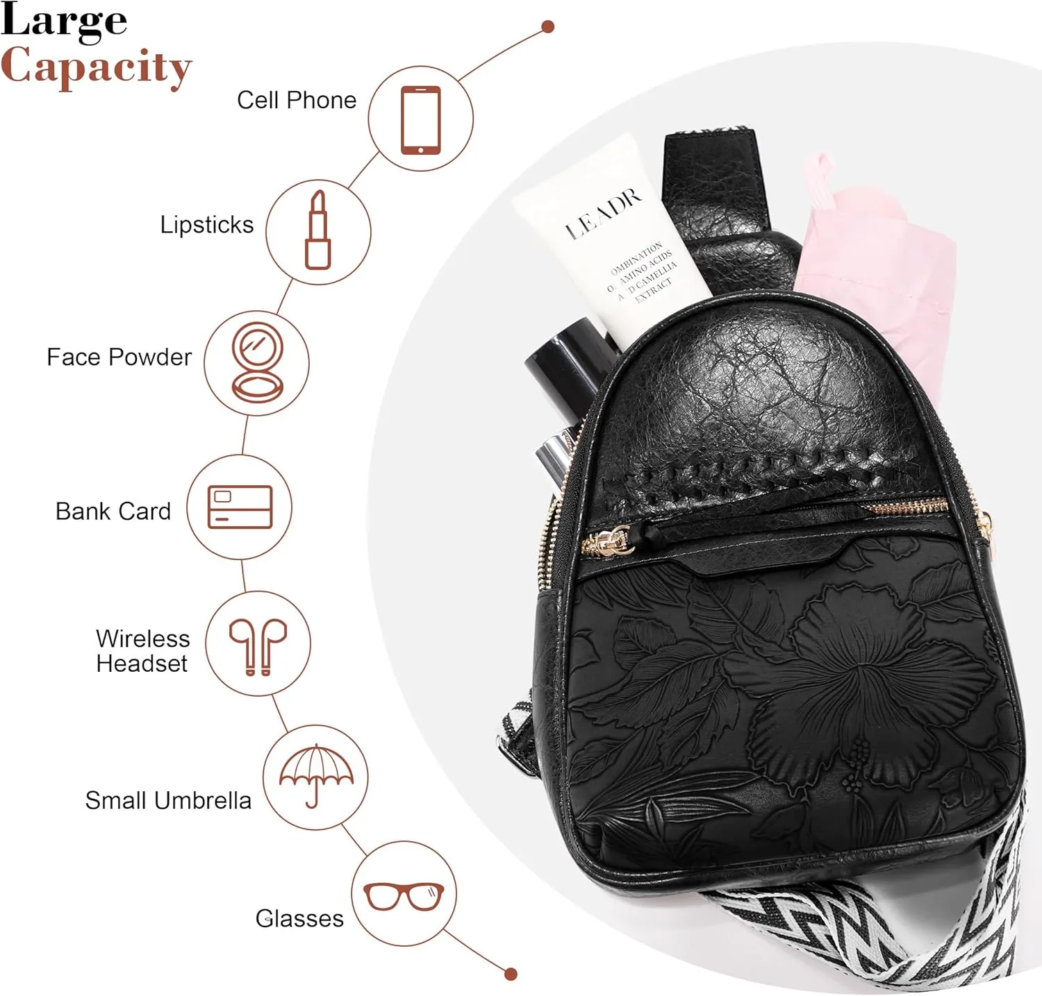 ALYSSA Large Sling Bag for Women Faux Leather Crossbody Fanny Pack Backpack Cross Body Purses 7L Crossbody Bags for Women