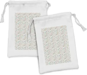 Ambesonne Botanical Fabric Pouch Set of 2, Soft Toned Meadow Blooms and Herbs Composition Season Flourish Yard, Small Drawstring Bag for Toiletries Masks and Favors, 9" x 6", Seafoam Coral Pale Brown