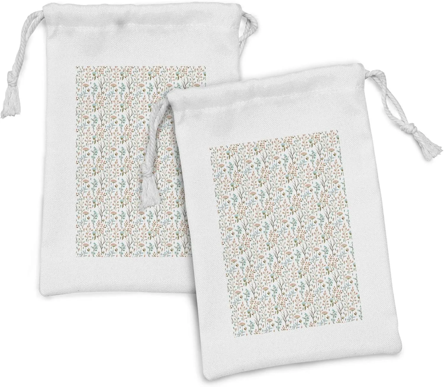 Ambesonne Botanical Fabric Pouch Set of 2, Soft Toned Meadow Blooms and Herbs Composition Season Flourish Yard, Small Drawstring Bag for Toiletries Masks and Favors, 9" x 6", Seafoam Coral Pale Brown