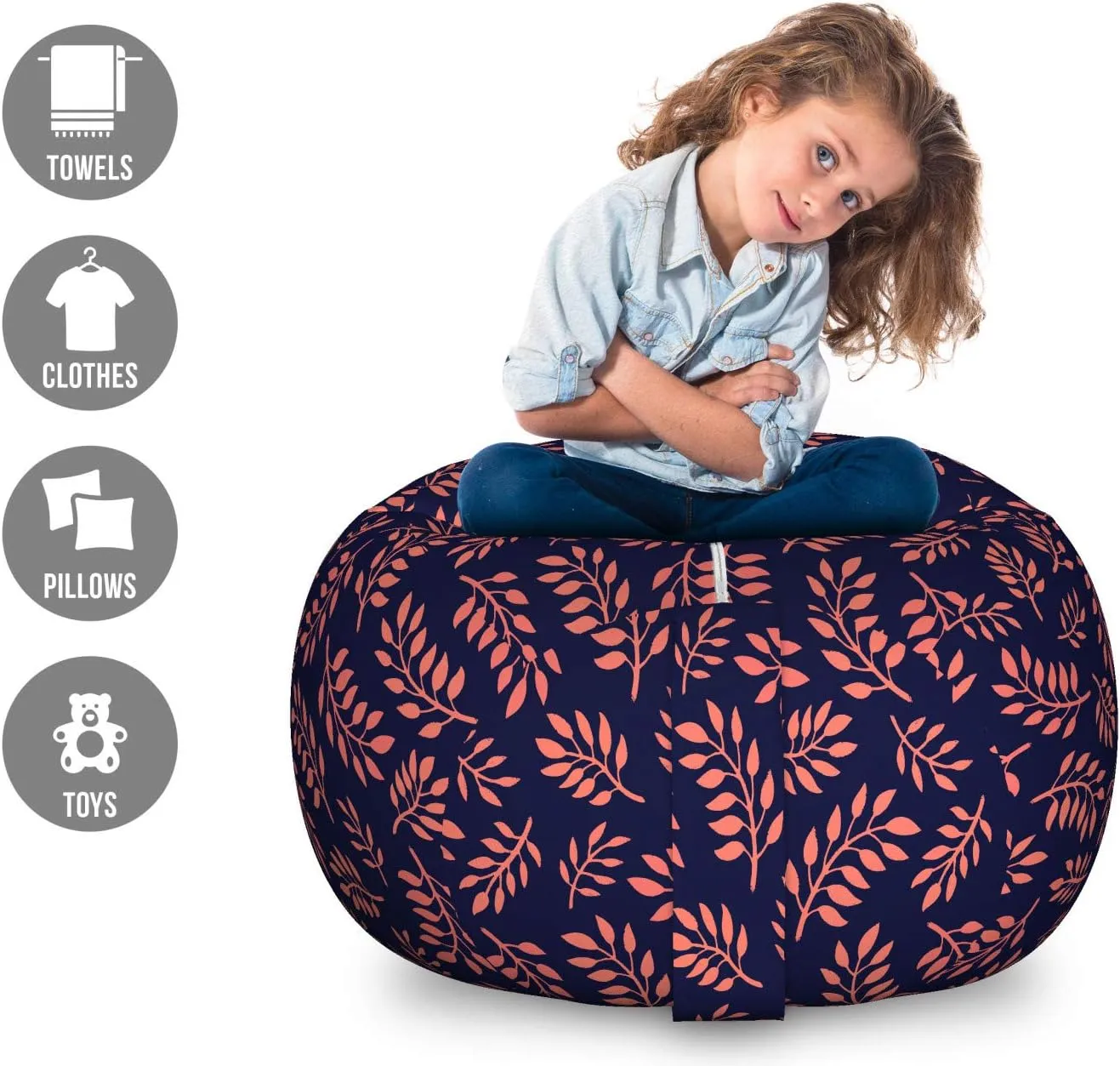 Ambesonne Coral and Navy Storage Toy Bag Chair, Continuous Pattern with Leafy Branches Abstract Bicolour Design, Stuffed Animal Organizer Washable Bag, Large Size, Blue Coral