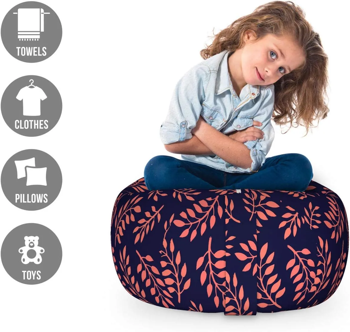 Ambesonne Coral and Navy Storage Toy Bag Chair, Continuous Pattern with Leafy Branches Abstract Bicolour Design, Stuffed Animal Organizer Washable Bag, Small Size, Blue Coral