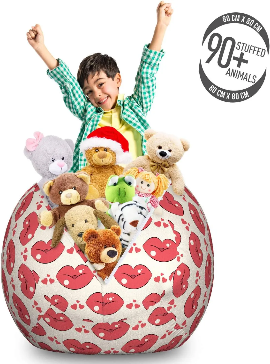 Ambesonne Kissing Storage Toy Bag Chair, Love Themed Numerous Continuous Demonstration of Lip and Heart Motifs, Stuffed Animal Organizer Washable Bag, Large Size, Dark Coral and Champagne