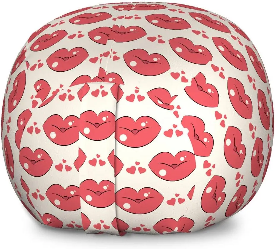 Ambesonne Kissing Storage Toy Bag Chair, Love Themed Numerous Continuous Demonstration of Lip and Heart Motifs, Stuffed Animal Organizer Washable Bag, Large Size, Dark Coral and Champagne