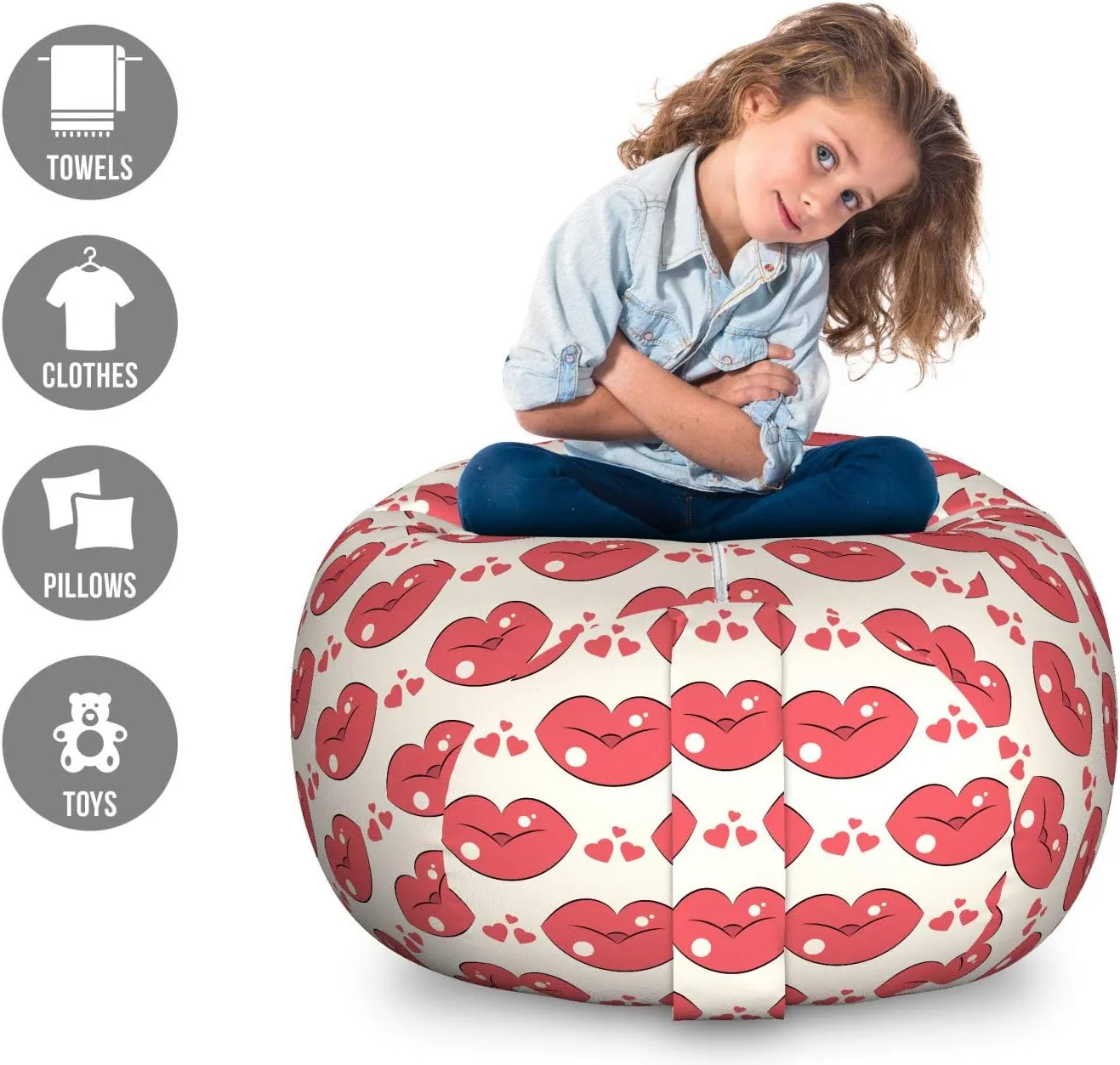 Ambesonne Kissing Storage Toy Bag Chair, Love Themed Numerous Continuous Demonstration of Lip and Heart Motifs, Stuffed Animal Organizer Washable Bag, Large Size, Dark Coral and Champagne