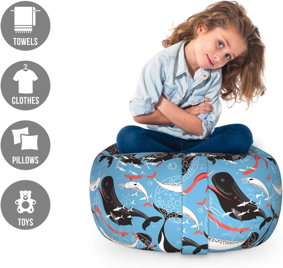 Ambesonne Narwhal Storage Toy Bag Chair, Arctic Giant Sea Mammals Orca White Whale Narwhal Sketch Ocean Fauna, Stuffed Animal Organizer Washable Bag, Small Size, Coral Black
