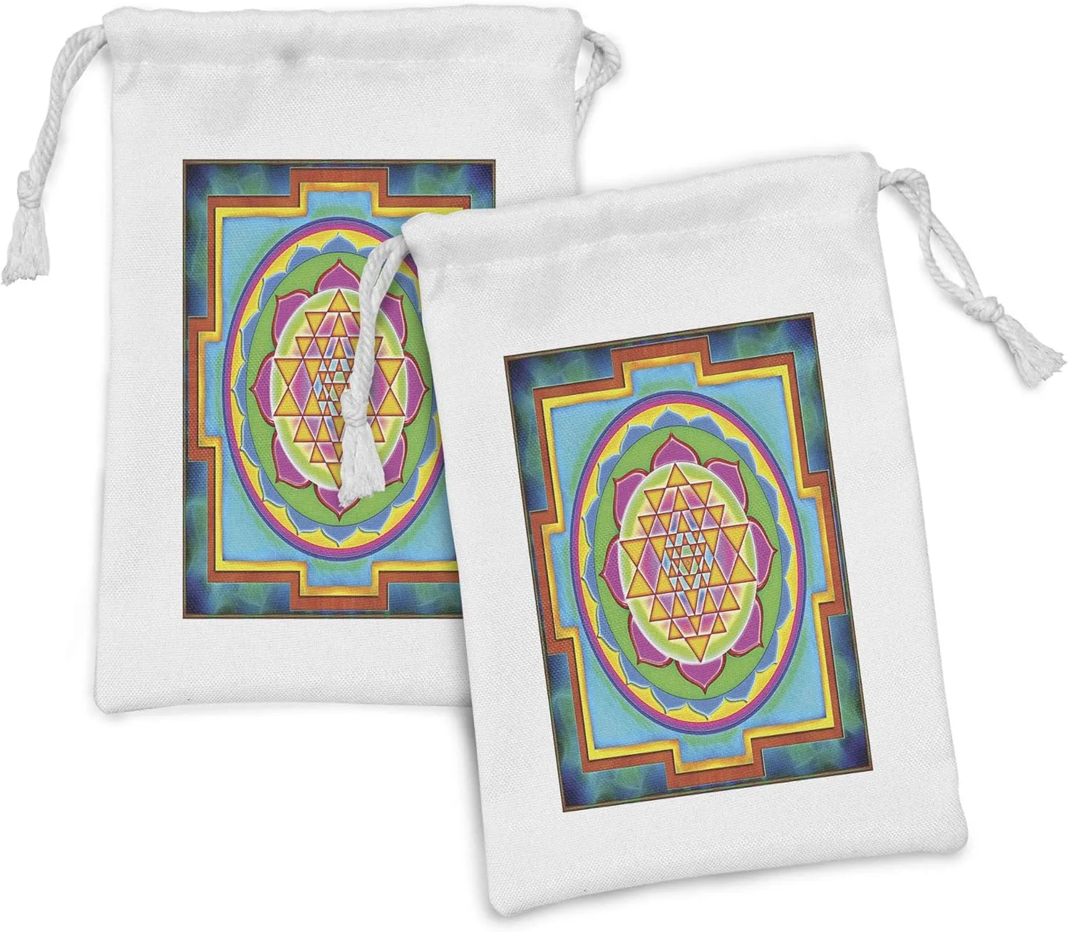 Ambesonne Rainbow Mandala Fabric Pouch Set of 2, Southeast Motifs Geometric Triangles and Petals Pattern, Small Drawstring Bag for Toiletries Masks and Favors, 9" x 6", Multicolor