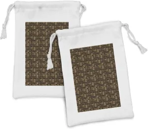Ambesonne Vintage Tribal Fabric Pouch Set of 2, Creative Abstract Art Continuous Monochrome Aboriginal Pattern, Small Drawstring Bag for Toiletries Masks and Favors, 9" x 6", Pale Orange Black