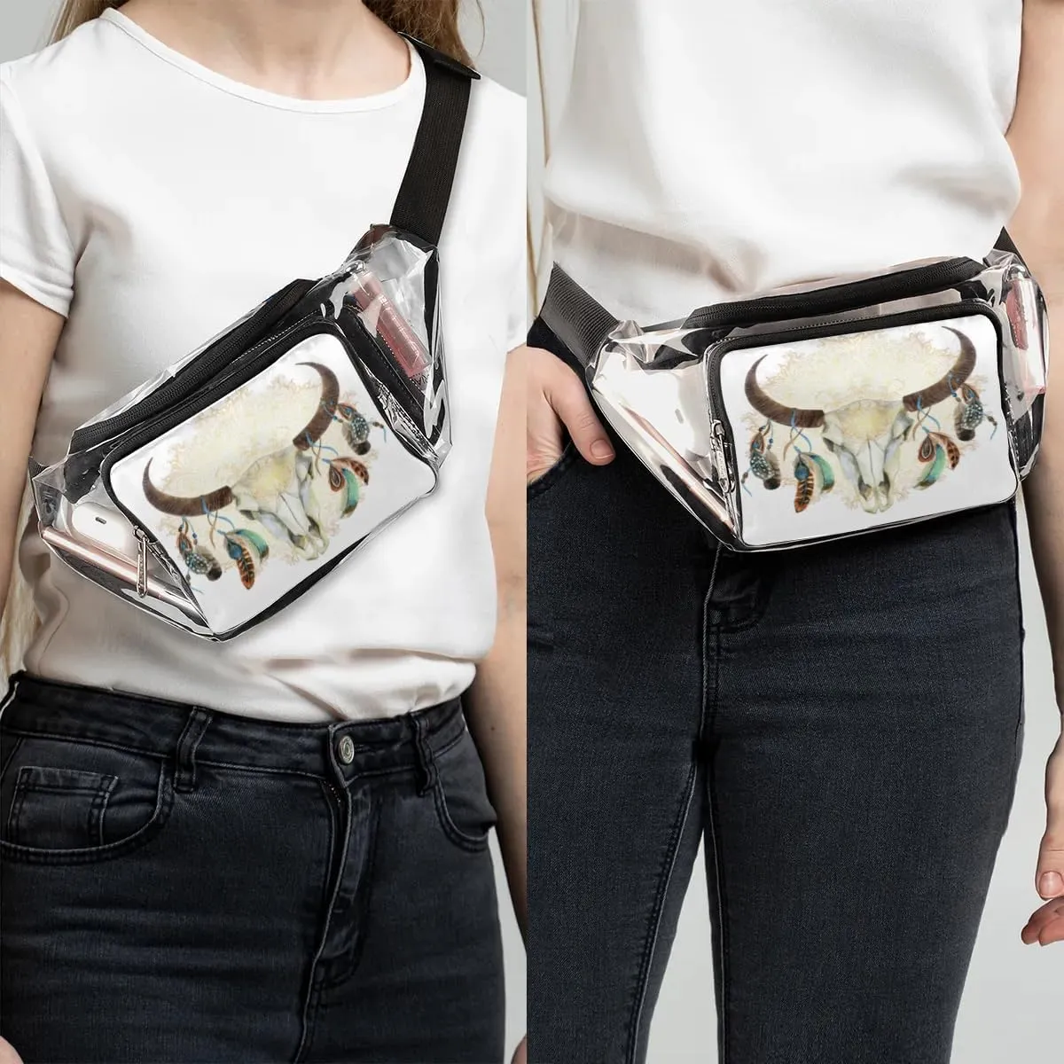 Animal Buffalo Skull Mandala Clear Fanny Pack Stadium Approved Clear Crossbody Belt Bag for Women Men Transparent Waist Bag with Adjustable Strap for Concerts Sports Events Travel